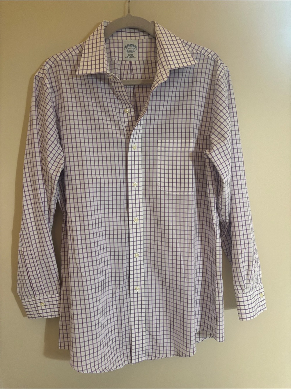 Brooks Brothers Men's Classic Shirt with Purple Check Pattern - Slim fit 15.5-32